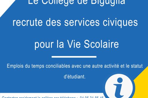  Le collège de Biguglia recrute des services civiques pour la Vie Scolaire.